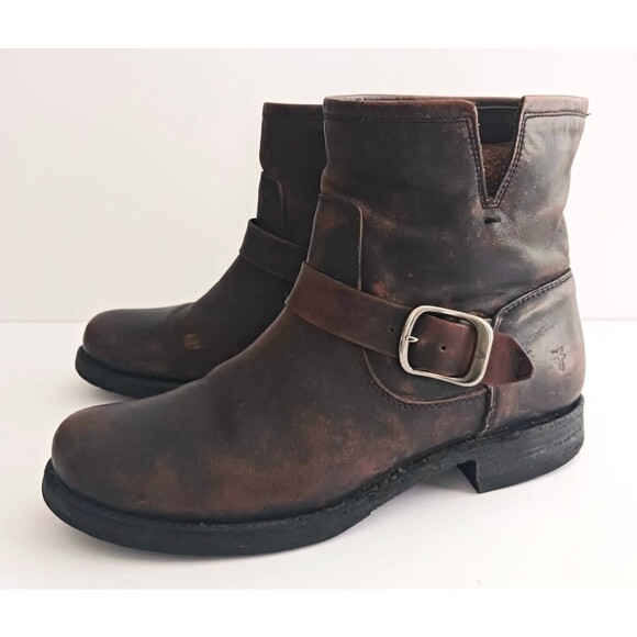 Frye Shoes - FRYE Veronica Ankle Bootie Dk Brown Distressed Leather Moto Buckle Strap 8.5
